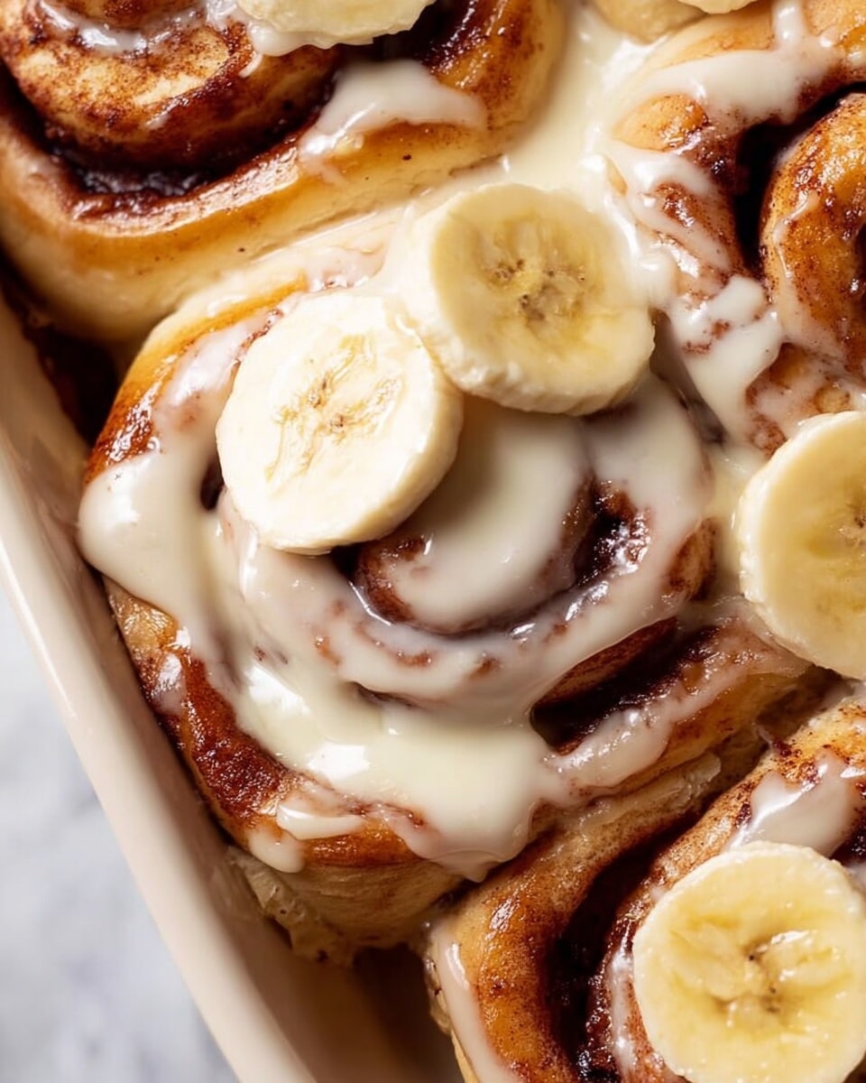 The image shows a close-up of three cinnamon rolls tightly placed in a white baking dish. Each roll has a golden-brown baked dough with visible swirls filled with dark cinnamon. A thick, creamy, off-white glaze is generously melting and flowing over the top and crevices of the cinnamon rolls. On top of the rolls and glaze, there are slices of banana that are pale yellow with a slightly soft texture, placed on different sections of the rolls. The background is a white marbled texture. Photo taken with an iphone --ar 4:5 --v 7