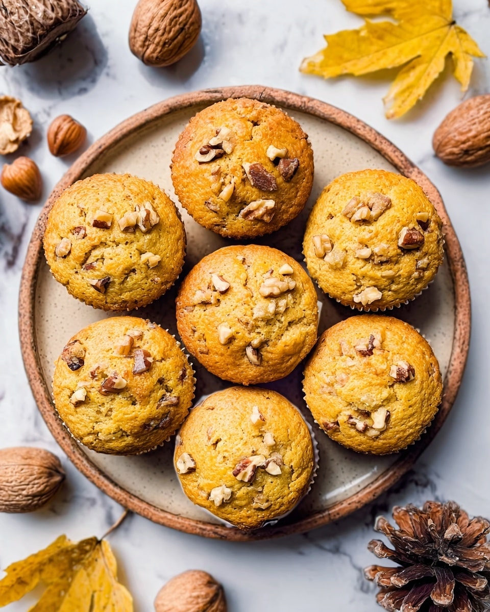 The image shows seven golden brown muffins on a round white plate placed on a white marbled surface. The muffins have a slightly rough texture with small chunks of nuts scattered on top, giving them a crunchy look. The muffins are arranged closely together, filling the plate. Around the plate, there are walnuts, almond nuts, a yellow leaf, and a pine cone, adding a natural and autumn feel to the scene. Photo taken with an iphone --ar 4:5 --v 7