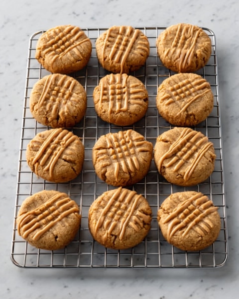 Twelve round peanut butter cookies with a criss-cross fork pattern on top are neatly arranged in three rows of four on a square metal cooling rack, all set on a white marbled surface. Each cookie has a golden brown color with a smooth, slightly cracked texture and a drizzle of light tan peanut butter sauce on top. The cookies look soft but firm with a slightly crumbly edge. photo taken with an iphone --ar 4:5 --v 7