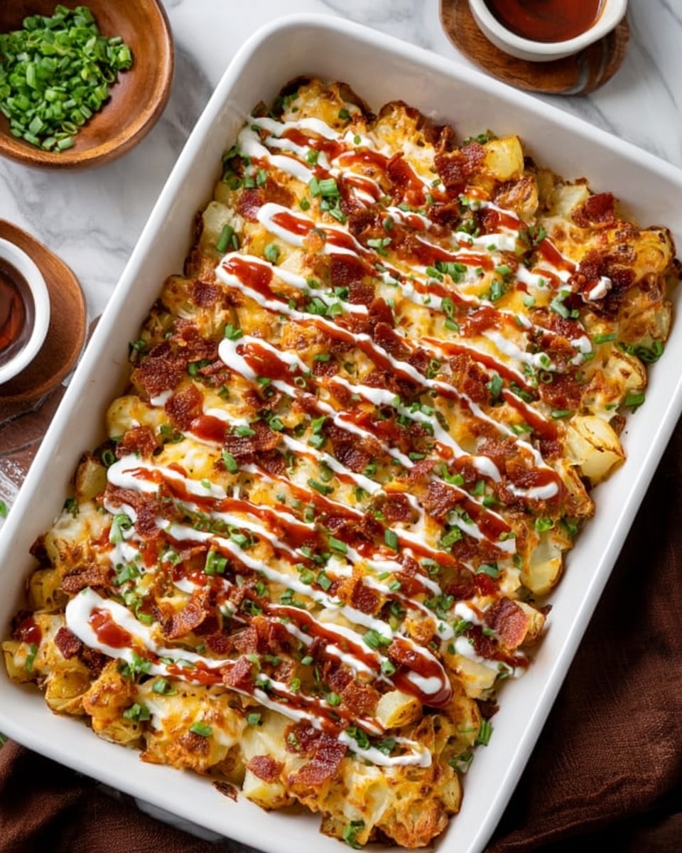 The image shows a white rectangular baked dish filled with several layers of food. The bottom layer is diced potatoes with a golden brown color and crispy texture. Above this, there is a thicker layer of melted cheese that looks creamy and slightly browned in spots. On top of the cheese, small crispy pieces of bacon or similar meat are spread evenly, adding a reddish-brown color and crunchy texture. The entire dish is drizzled with two sauces: a white creamy sauce and a reddish sauce, both applied in fine diagonal lines. Green chopped scallions are sprinkled over everything, providing a fresh contrast in color. The dish is placed on a white marbled surface, with part of a brown cloth and small bowls visible nearby. Photo taken with an iphone --ar 4:5 --v 7