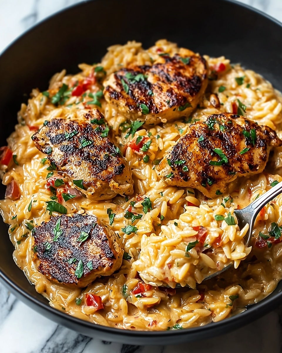 A black bowl filled with a creamy orzo pasta dish, with four golden brown, grilled chicken pieces on top, each piece showing grill marks and sprinkled with chopped green herbs. The creamy orzo pasta is mixed with small red pieces, possibly roasted peppers or tomatoes, and finely chopped green herbs, giving a mix of smooth, light orange sauce with bits of color throughout. A shiny silver spoon is scooping up some of the orzo pasta from the right side of the bowl. The background is a white marbled texture. photo taken with an iphone --ar 4:5 --v 7