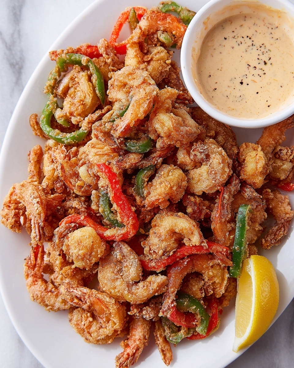 A white plate filled with a large pile of golden-brown fried shrimp coated in a crispy, seasoned batter, mixed with thin strips of red and green bell peppers that also have a crispy texture. To the side of the shrimp pile is a small white bowl filled with a creamy, light tan dipping sauce with specks of seasoning visible. A wedge of yellow lemon rests on the edge of the plate, adding a fresh accent. The entire dish sits on a white marbled surface. photo taken with an iphone --ar 4:5 --v 7