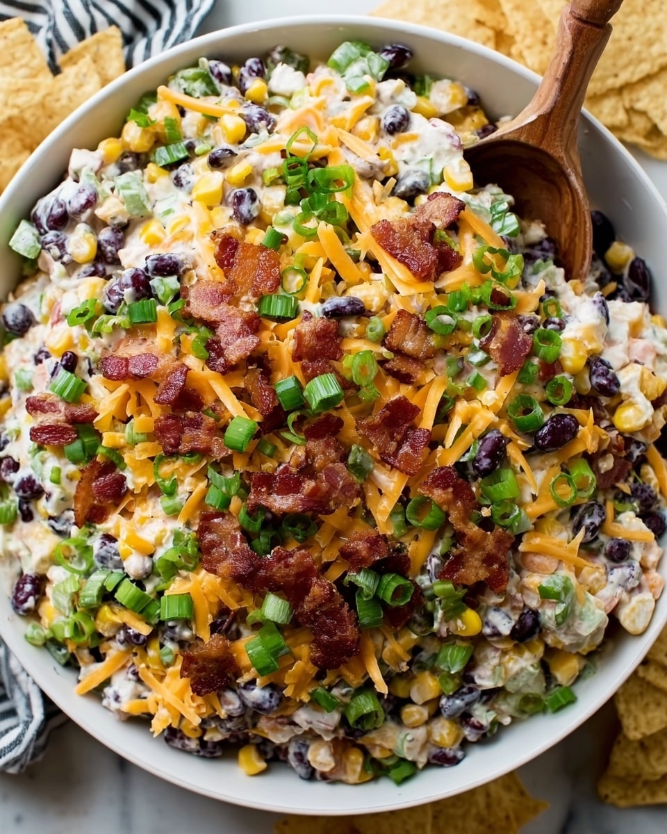 A large white bowl filled with a colorful salad made of multiple layers: the base layer has white creamy sauce mixed with yellow corn and black beans, topped with shredded cheddar cheese and pieces of crispy bacon scattered on top. Bright green chopped scallions are sprinkled generously all over, adding a fresh touch. A wooden spoon is placed inside the bowl, partly covered by the salad. The bowl rests on a white marbled surface with some tortilla chips around it. photo taken with an iphone --ar 4:5 --v 7