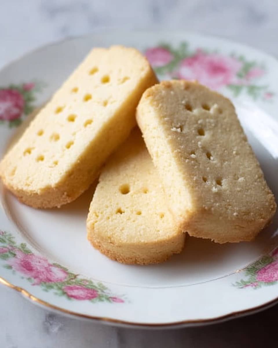 The image shows three shortbread cookies stacked on a white plate with a floral pink and green pattern near the rim. Each cookie is a light golden beige color with a slightly crumbly texture and small holes evenly spaced on the top surface. The edges are a bit darker, showing slight browning from baking. The cookies are arranged so that two lay flat side by side, while the third leans on them at an angle. The white plate sits on a white marbled textured surface. photo taken with an iphone --ar 4:5 --v 7