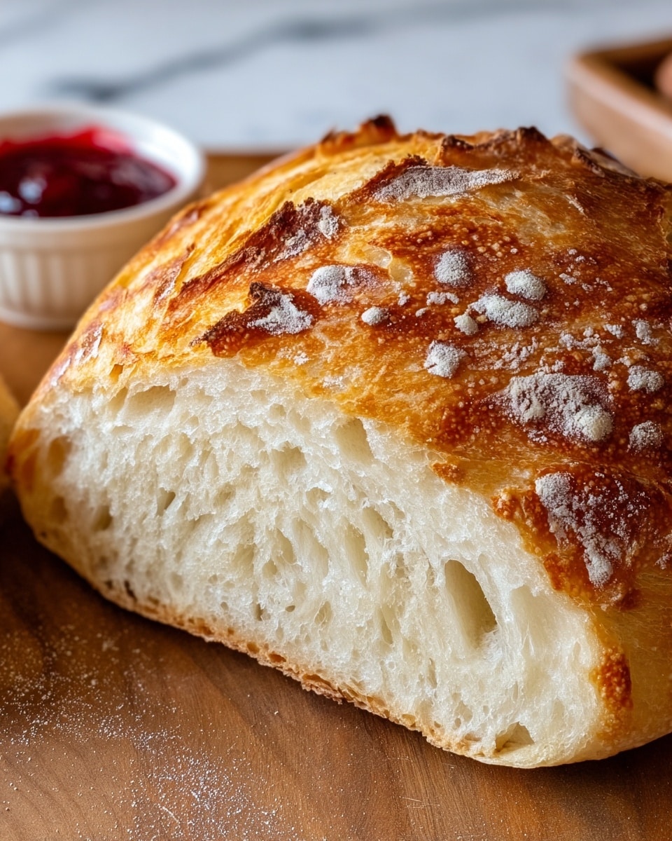 A close-up of a round loaf of bread with one slice cut out and placed in front of it, showing a soft, fluffy white inside with large air holes and a golden-brown, slightly crispy crust on top with small raised bumps and patches of white flour. In the background, there is a white bowl with red jam and a black container, all set on a white marbled texture. Photo taken with an iphone --ar 4:5 --v 7