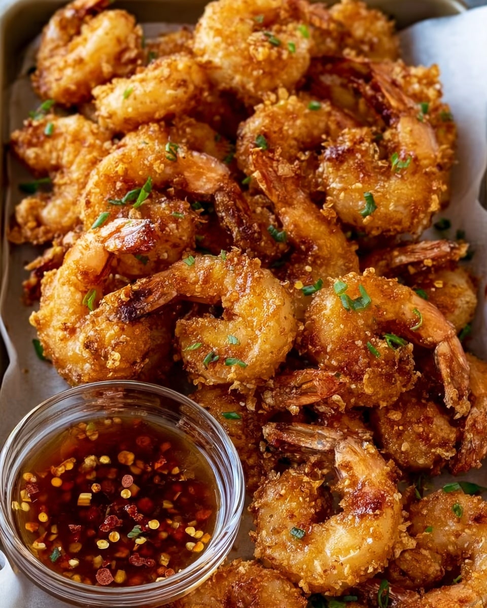The image shows a white rectangular tray filled with many golden-brown fried shrimp, each coated in a crispy, textured batter. The shrimp are piled closely, with some sprinkled lightly with green herbs. In the lower left corner of the tray, a small clear glass bowl holds a reddish-brown dipping sauce with visible chili flakes floating inside. The tray rests on a white marbled surface. photo taken with an iphone --ar 4:5 --v 7