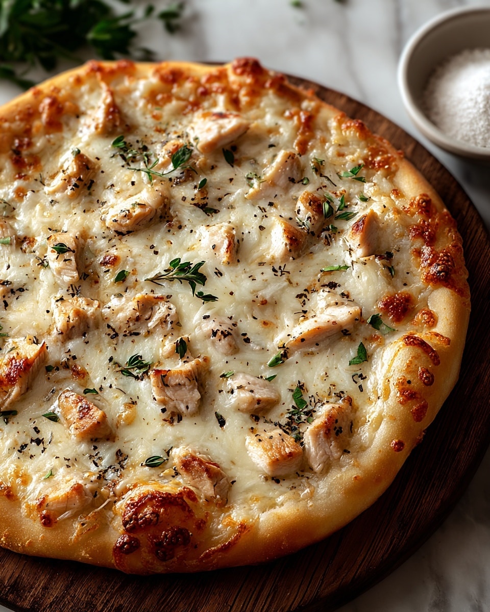The image shows a round pizza with a golden crust on a wooden board, placed on a white marbled surface. It has one main layer of melted white cheese, slightly browned in spots, covering the entire base except the crust. On top of the cheese, there are small chunks of grilled chicken with light browning, scattered evenly across the pizza. Small green herb leaves and black pepper flakes are sprinkled over the chicken and cheese, adding color contrast. In the background, there is a small white bowl filled with a white powder, likely salt, and out-of-focus green herbs. photo taken with an iphone --ar 4:5 --v 7