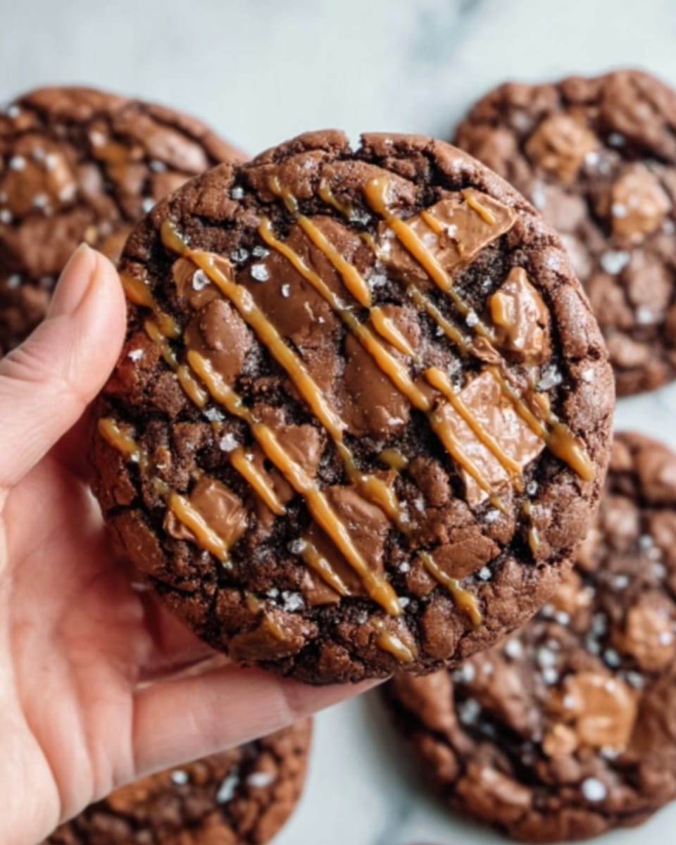 A close-up of a large chocolate cookie held by a woman's hand, showing a deep brown color with a rough, cracked surface filled with chunks of dark and milk chocolate. The cookie is drizzled with thin, caramel-colored lines on top, adding a glossy contrast. In the background, more cookies with similar texture and color rest on a white marbled surface. photo taken with an iphone --ar 4:5 --v 7