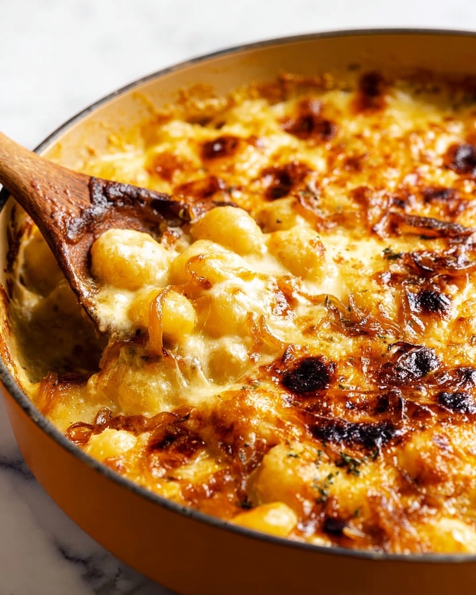 A close-up view of a baking pan filled with a bubbly, golden brown dish made of small round pasta mixed with melted cheese and caramelized onions. The top layer has browned, slightly crispy cheese with a glossy texture and spots of dark char. The pasta pieces are creamy yellow and soft, peeking through the sticky, rich sauce. A wooden spoon is scooping out some of the cheesy pasta from the pan, showing the thick, gooey sauce underneath. The pan is a warm orange color, sitting on a white marbled surface. photo taken with an iphone --ar 4:5 --v 7
