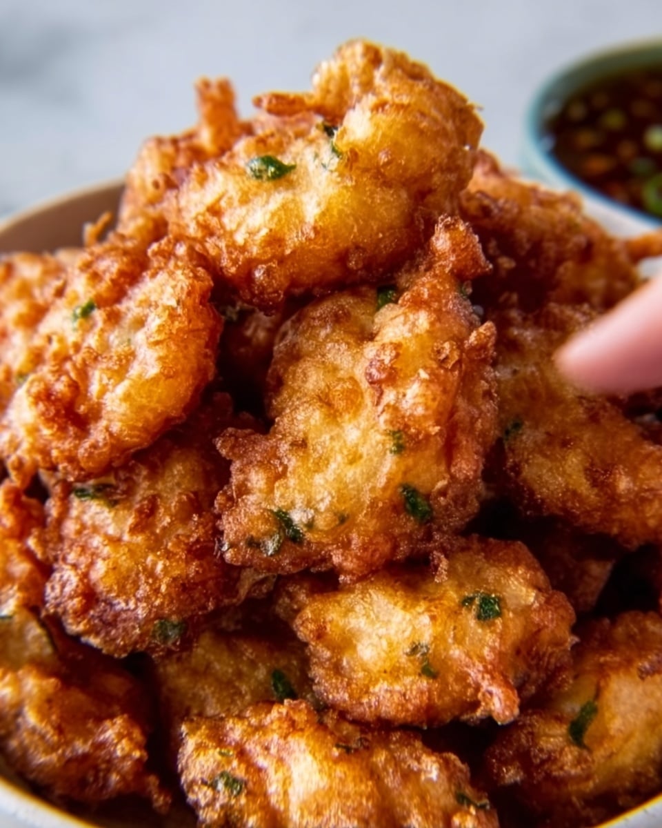 A close-up of multiple golden-brown fritters stacked closely together on a white plate, each fritter showing a crispy texture with small green and red bits visible inside, indicating herbs or vegetables mixed in, the fritters appear uneven and homemade with a crunchy outer layer and soft inside, the background is a white marbled surface, photo taken with an iphone --ar 4:5 --v 7