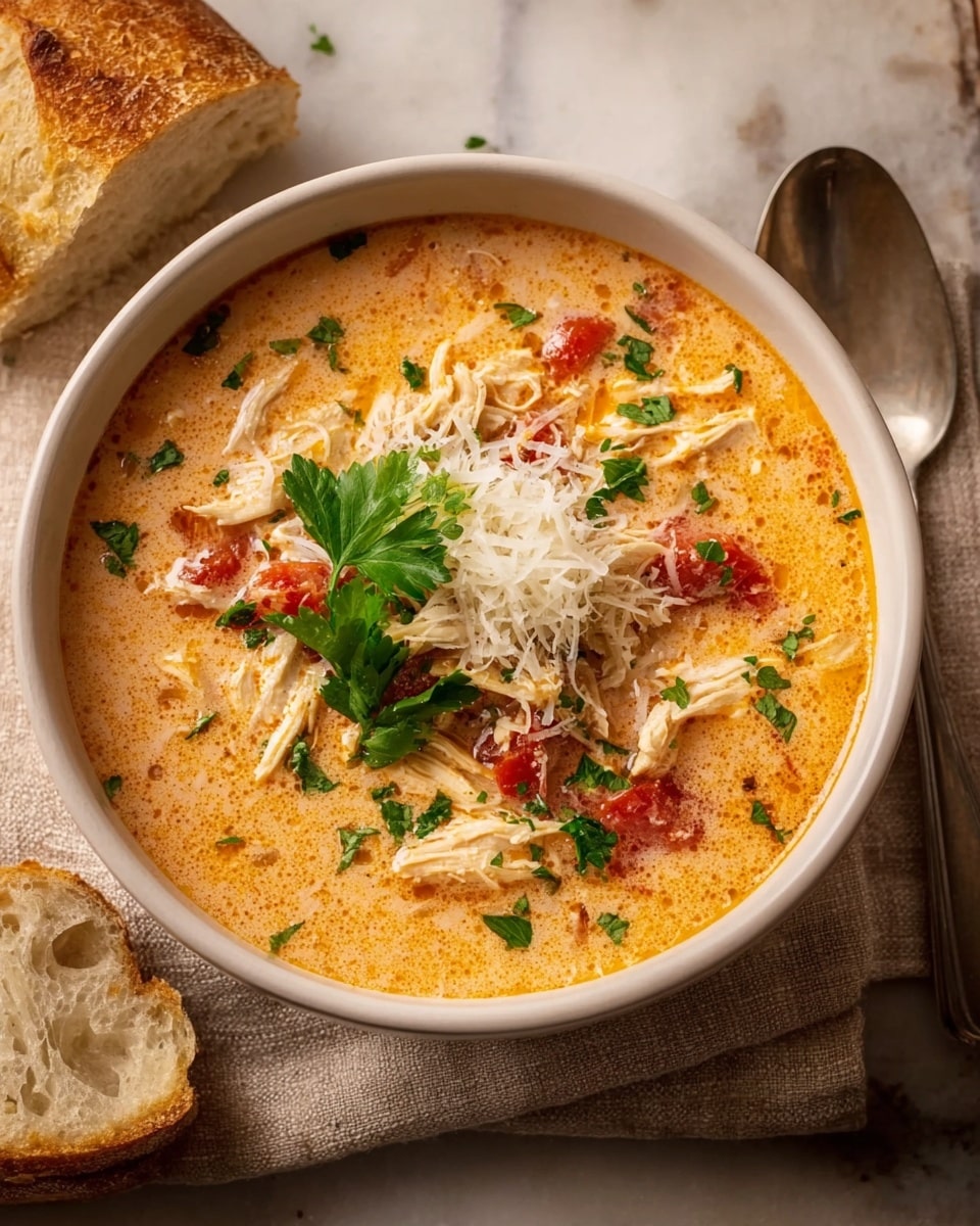 A white bowl filled with creamy orange soup that has visible shredded chicken pieces and red tomato chunks mixed in. On top of the soup, there is a small pile of shredded white cheese and a sprig of fresh green parsley in the center, with some finely chopped parsley sprinkled around. The bowl sits on a beige cloth napkin placed on a white marbled surface, next to a silver spoon and a crusty piece of bread with a golden-brown crust and a soft, airy inside. Photo taken with an iphone --ar 4:5 --v 7