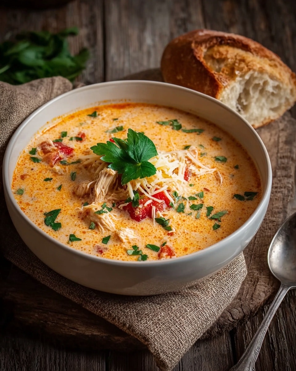 A white bowl filled with creamy orange soup thick with shredded chicken and chunks of red tomatoes, topped with a small pile of shredded cheese and a fresh green parsley leaf in the center, with scattered chopped parsley over the soup surface. A piece of crusty bread with a golden brown crust rests on the side of the bowl. The bowl is placed on a rustic dark wooden surface with a textured brown cloth nearby and a metal spoon beside it, photo taken with an iphone --ar 4:5 --v 7