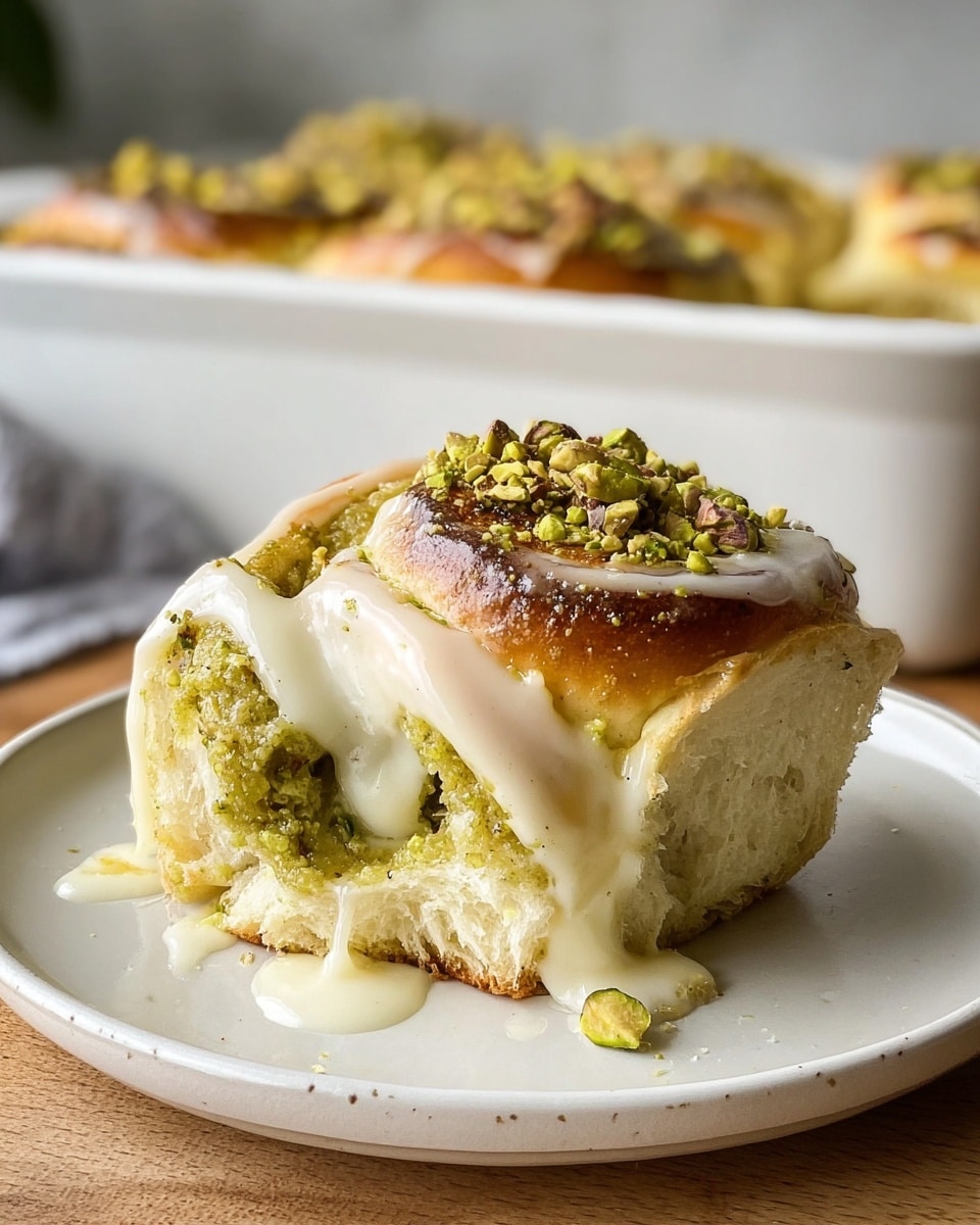 A single soft roll sits on a white plate, with a golden-brown top and a thick layer of creamy white icing that is dripping slightly down the sides. Inside, the roll is swirled with a green pistachio filling that looks smooth and rich, with some texture from chopped pistachios sprinkled on top. The roll is partially torn, showing its fluffy, light interior and the vibrant green filling inside. The background shows a white baking dish filled with more rolls, with a white marbled surface underneath. photo taken with an iphone --ar 4:5 --v 7