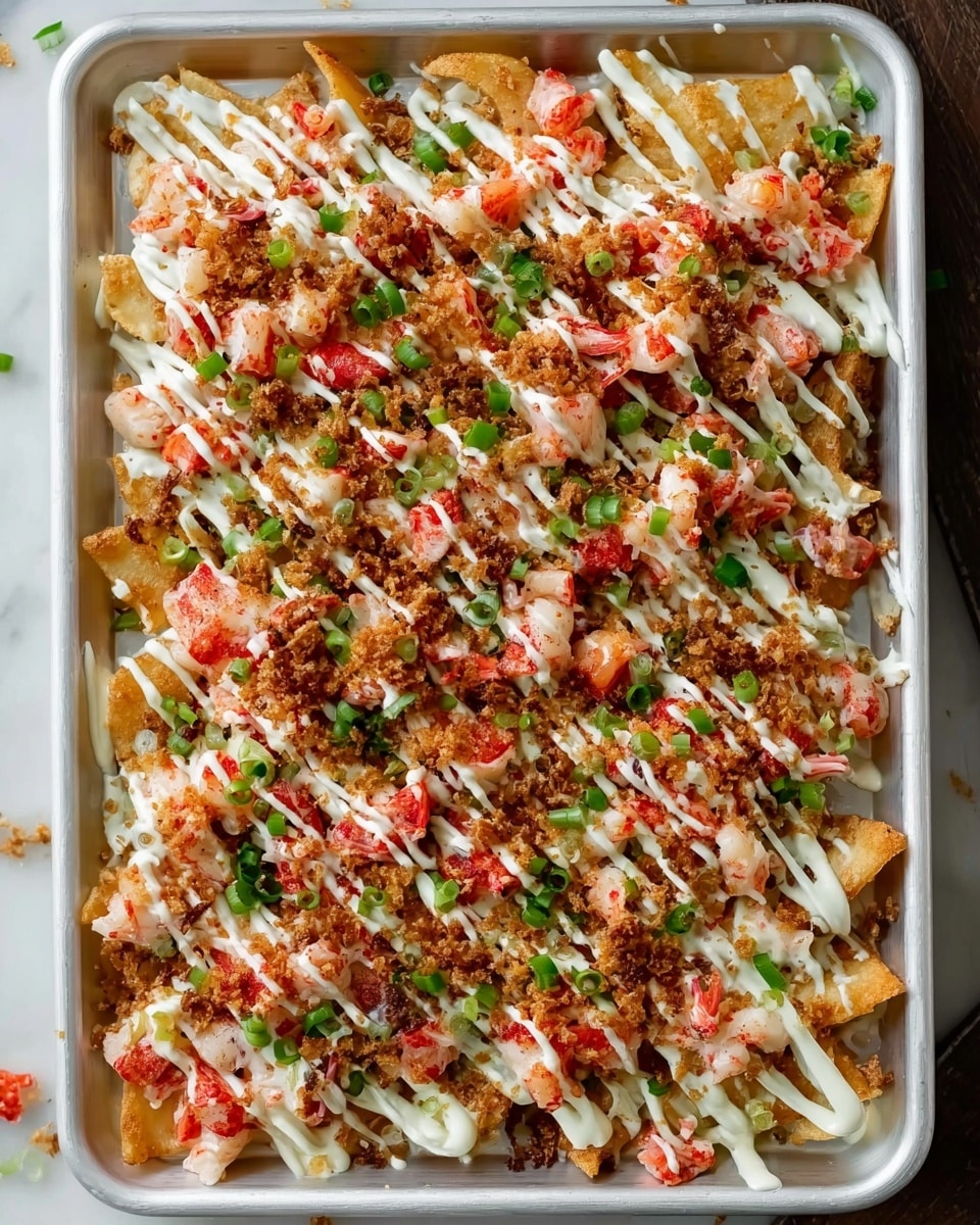 The image shows a tray filled with a layered dish starting with a base of golden, crispy nacho chips. The chips are covered in a creamy white sauce drizzled smoothly across the top. Scattered evenly over the sauce are small chunks of white and red imitation crab meat, chopped finely. Green onion slices are sprinkled all over for a fresh touch of green. There are also small bits of crispy browned topping that add texture and contrast. The tray sits on a white marbled surface with a few stray pieces around it. Photo taken with an iphone --ar 4:5 --v 7