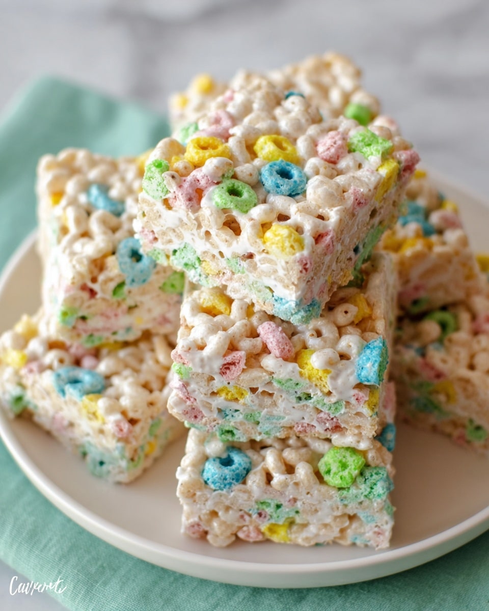 A close-up view of a stack of colorful cereal treats placed on a white plate, each treat showing a thick, uneven layer of puffed cereal pieces coated in a shiny white marshmallow mixture with visible clusters of small, vibrant pieces in blue, green, pink, yellow, and orange scattered throughout. The cereal squares are textured and slightly glossy, with some layers showing a pale green tint beneath the top cereal layer. The plate sits on a soft green cloth over a white marbled surface, adding a calm, clean contrast to the bright colors of the treats. photo taken with an iphone --ar 4:5 --v 7