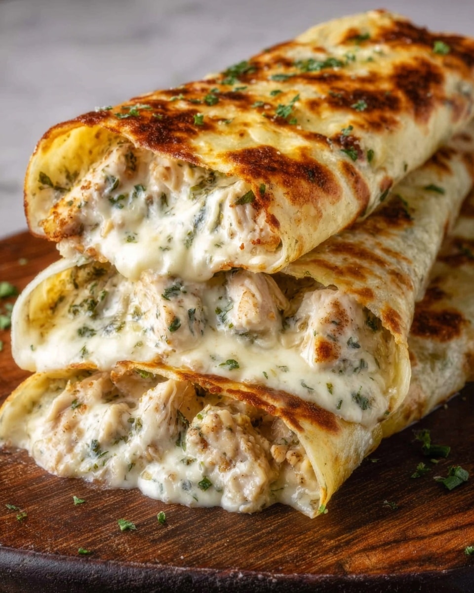 The image shows a stack of three baked stuffed crepes on a wooden board. Each crepe is golden brown and slightly crispy at the edges. Inside, you can see a creamy filling with pieces of chicken and herbs evenly spread. The top crepe has melted cheese browned and bubbling, with small green herbs sprinkled on top. The wooden board contrasts with the white marbled background. photo taken with an iphone --ar 4:5 --v 7