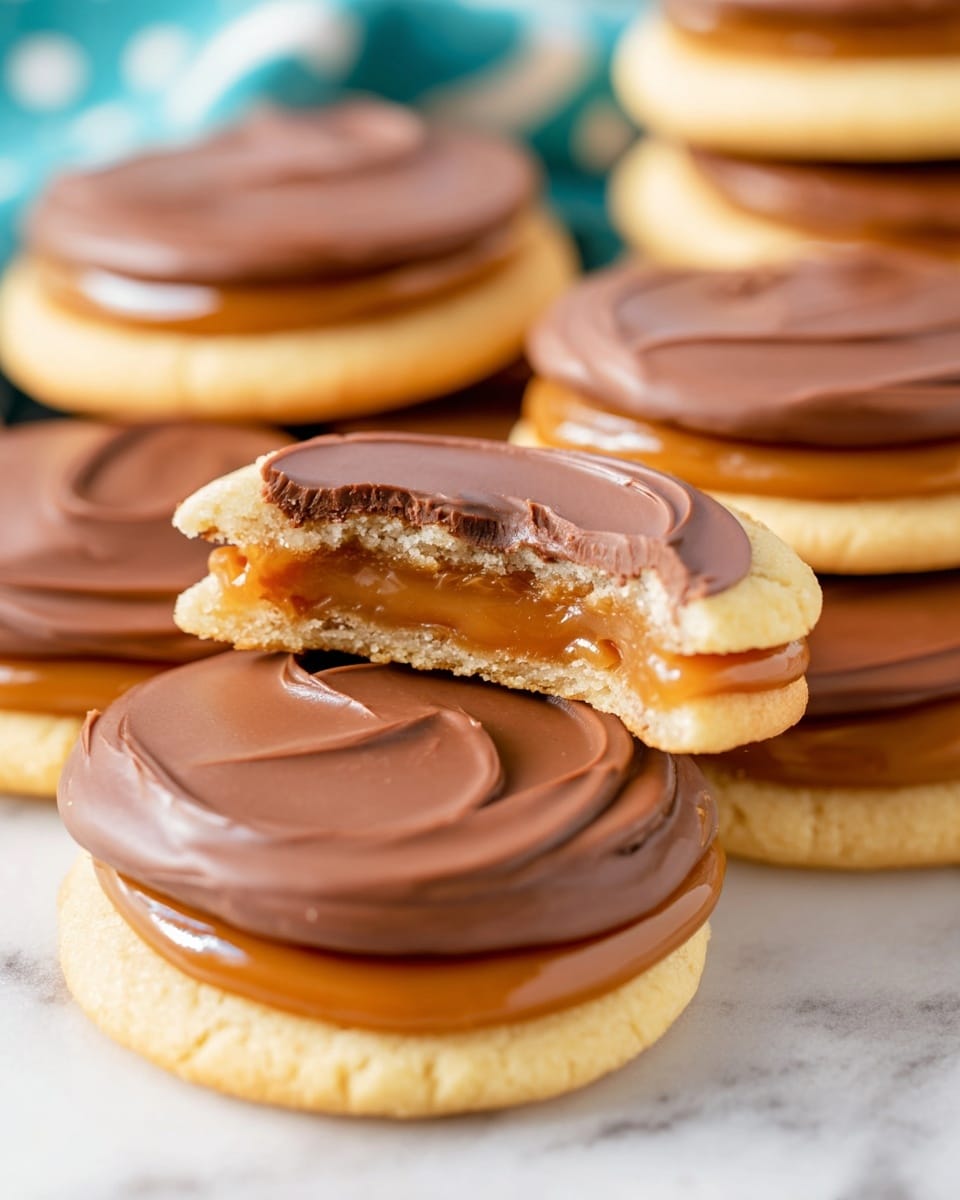 The image shows several round cookies with two clear layers. The bottom layer is a smooth, pale, light yellow cookie base with a slightly soft texture. On top of that is a caramel layer, which is thin and shiny with a deep golden brown color, placed just below a thick, smooth swirl of milk chocolate with a glossy finish. One cookie is bitten, revealing the pale interior of the cookie, the sticky caramel, and the creamy chocolate swirl on top. These cookies are arranged on a white marbled surface. Photo taken with an iphone --ar 4:5 --v 7