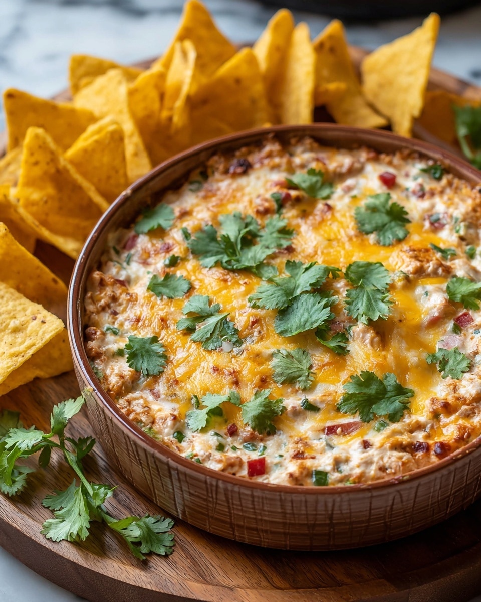 A round baking dish filled with a layered dip showing three main layers: the bottom layer is a chunky, light brown bean mix with visible small pieces of red and green vegetables, the middle layer is a creamy, smooth orange cheese spread, and the top layer is melted yellow and white cheese with a shiny texture. Fresh green cilantro leaves are scattered on top, mainly in the center and spread across the surface. Triangular yellowish tortilla chips are inserted around the edge of the dish, some slightly leaning out. The dish sits on a wooden board resting on a white marbled surface, with bowls of more chips and green herbs visible softly blurred in the background. photo taken with an iphone --ar 4:5 --v 7