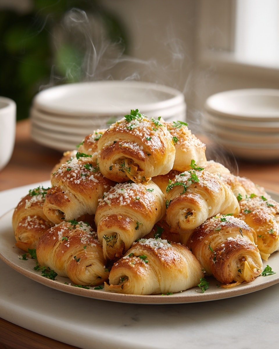 A white plate holds a pile of about twenty small crescent rolls, each golden brown and slightly glossy, topped with a sprinkling of white grated cheese and fresh green parsley leaves scattered lightly on top and between the rolls. The rolls have a light crust and soft dough visible at the edges, with some herbs baked inside, and wisps of steam rise from the warm, freshly baked pastries. The plate sits on a white marbled surface, with a soft focus background that includes white bowls and neutral-colored items. photo taken with an iphone --ar 4:5 --v 7