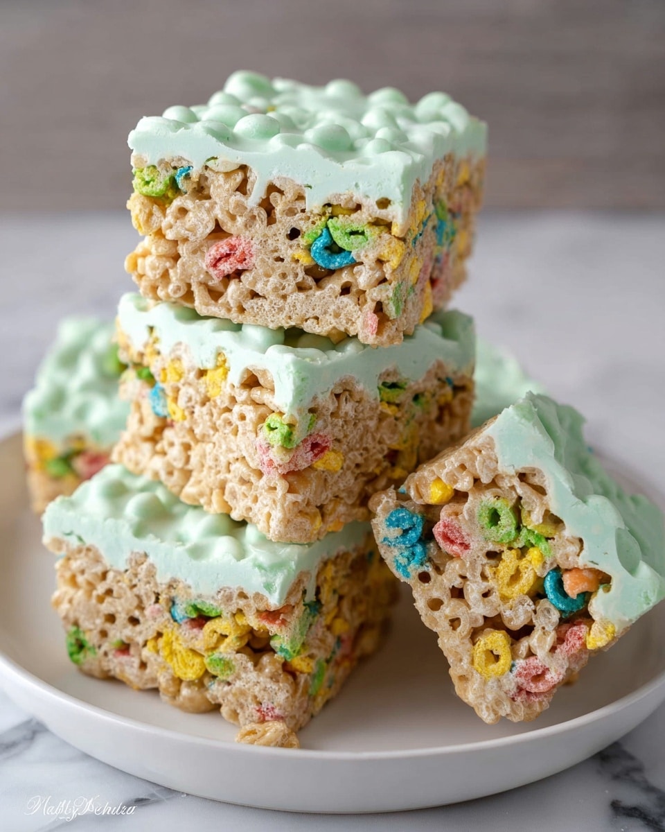 The image shows a stack of four square cereal bars on a white plate. Each bar has two visible layers: the top layer is golden brown and has a rough texture with colorful cereal pieces mixed in, while the bottom layer is a pale mint green with a smooth and slightly glossy surface. The bars are arranged in a balanced stack, with some leaning against each other on a white marbled surface background. photo taken with an iphone --ar 4:5 --v 7
