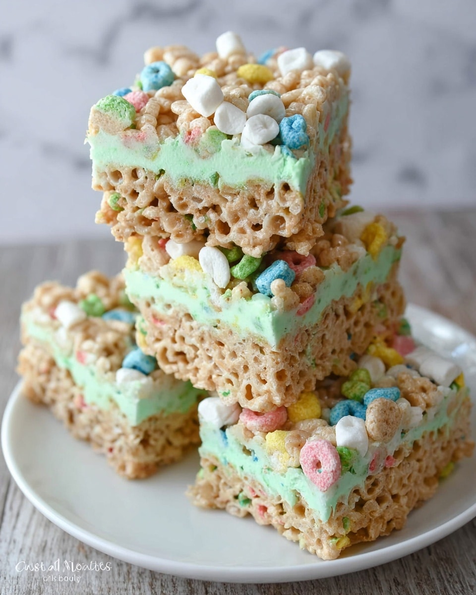 The image shows a stack of four colorful cereal treat squares on a white plate, each square having three layers: the top and bottom layers are crispy cereal mixed with marshmallows, showing white, light brown, and scattered bright colors like blue, pink, and yellow; the middle layer is a smooth, pastel green frosting or cream layer that separates the cereal layers. The treats have a textured, bumpy surface with bits of cereal poking out and a soft green layer in between. The background features a white marbled texture. photo taken with an iphone --ar 4:5 --v 7