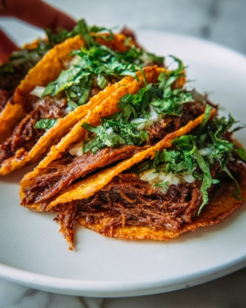 The image shows a close-up of three stacked tacos on a white plate, each taco filled with shredded meat that has a rich brown color. On top of the meat, there are fresh green leafy herbs scattered, adding a touch of bright color and texture. The tacos have golden brown crispy shells that hold all the fillings. The edges of the shells appear crunchy and slightly curled. The plate sits on a white marbled surface, enhancing the colors of the food. A woman's hand is reaching toward the tacos, giving the scene a casual and inviting feel. photo taken with an iphone --ar 4:5 --v 7