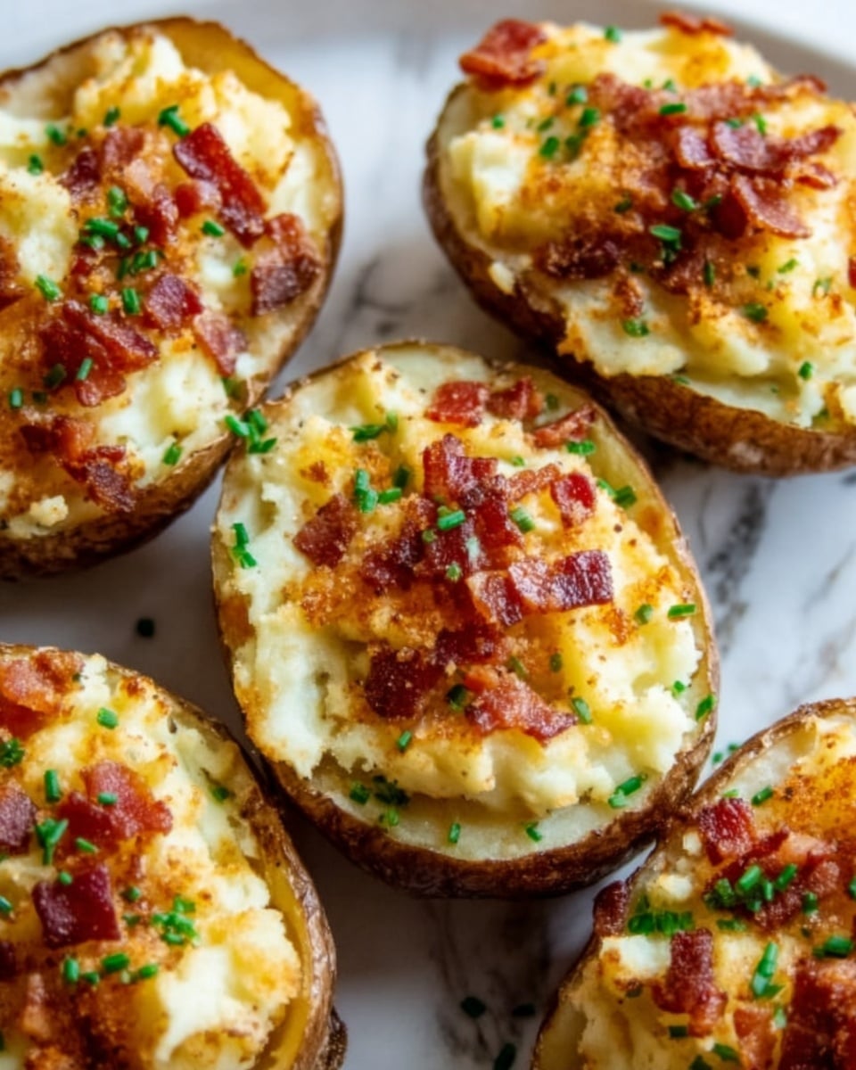 The image shows four stuffed potato skins placed closely together on a white marbled surface. Each potato skin has a crispy brown outer layer, filled with a creamy, pale yellow mashed potato mixture. On top of this, there are small pieces of crispy bacon in reddish-brown color scattered evenly, and the entire dish is sprinkled with finely chopped green herbs. The texture of the filling looks soft and creamy, contrasting with the crunchy texture of the potato skins and bacon bits. photo taken with an iphone --ar 4:5 --v 7