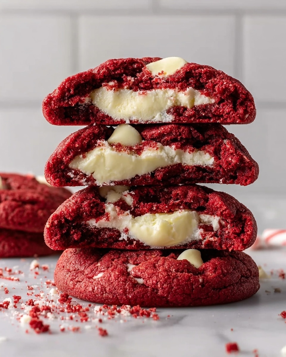 A stack of four red velvet cookies with white cream cheese filling is shown on a white marbled surface. The bottom layer is a whole, round red cookie with visible white chocolate chunks. Above it, there are three broken cookie halves piled, showing thick, creamy white filling in the center, surrounded by moist, deep red cookie dough with a slightly crumbly texture. Small red and white crumbs are scattered around the base, and the background is a smooth, blurred white tiles surface. photo taken with an iphone --ar 4:5 --v 7
