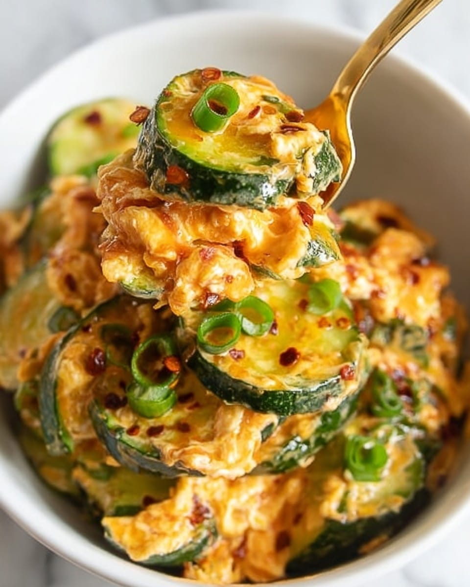 A close-up of a white bowl filled with a creamy orange sauce mixed with soft scrambled eggs and sliced green zucchini. The top layer shows glossy green zucchini rounds with a slight char, mixed with chopped green onions and red chili flakes scattered around. A gold fork lifts a bite showing the soft scrambled eggs coated in the sauce and zucchini slices wrapped around. The bowl sits on a white marbled surface, creating a clean and bright background. photo taken with an iphone --ar 4:5 --v 7