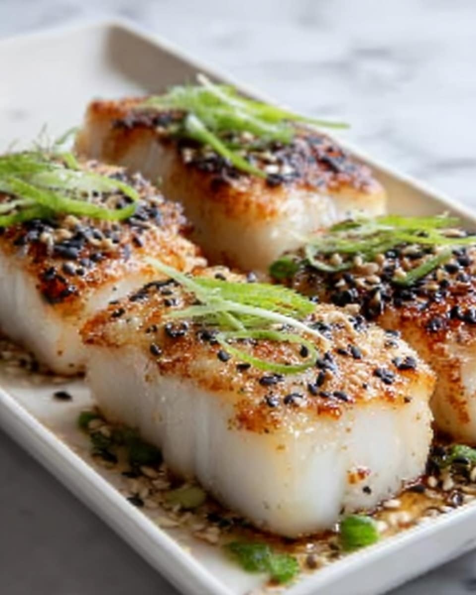 The image shows four pieces of grilled white fish arranged in two rows on a white rectangular plate. Each piece has a slightly browned top with a crispy texture and is sprinkled with black and white sesame seeds and small green herb leaves. The fish has a juicy, flaky look and is garnished with thin slices of green herbs on top. The plate sits on a white marbled surface. Photo taken with an iphone --ar 4:5 --v 7