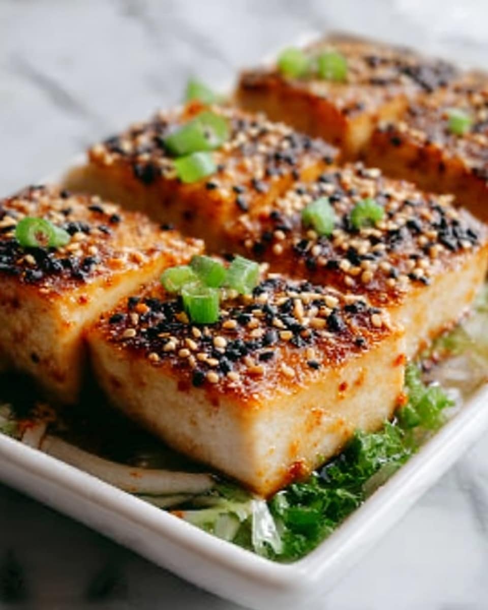 The image shows four thick, square pieces of golden-brown tofu with a slightly crispy top layer sprinkled with black and white sesame seeds. Each tofu piece rests on a bed of green chopped herbs and thinly sliced vegetables, creating a fresh base layer that contrasts with the tofu's warm tones. The tofu blocks are neatly arranged in a white rectangular dish, and small green garnish pieces are lightly scattered on top, adding a fresh touch. The background is a white marbled surface that enhances the dish's colors. Photo taken with an iphone --ar 4:5 --v 7