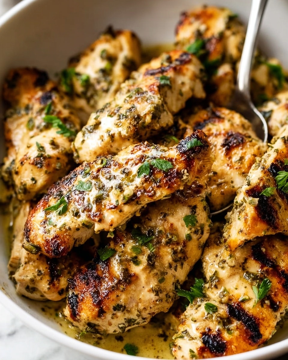 A close-up view of grilled chicken pieces layered in a white bowl, each piece golden brown with char marks and a creamy, herb-speckled sauce coating. The chicken is topped with scattered fresh green parsley leaves adding a touch of color. A silver spoon peeks from the side, resting inside the bowl. The background is a white marbled texture. photo taken with an iphone --ar 4:5 --v 7