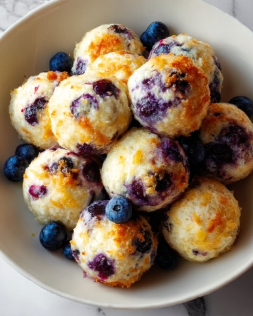 A white plate filled with multiple round baked balls that have a slightly golden, crispy top layer with some darker toasted spots. Inside the balls, visible juicy blueberries add deep blue and purple spots, giving a contrast to the light cream-colored dough. A few fresh blueberries are scattered around the balls on the plate, enhancing the rich blueberry theme. The plate sits on a white marbled surface that adds a clean and elegant look to the image, photo taken with an iphone --ar 4:5 --v 7