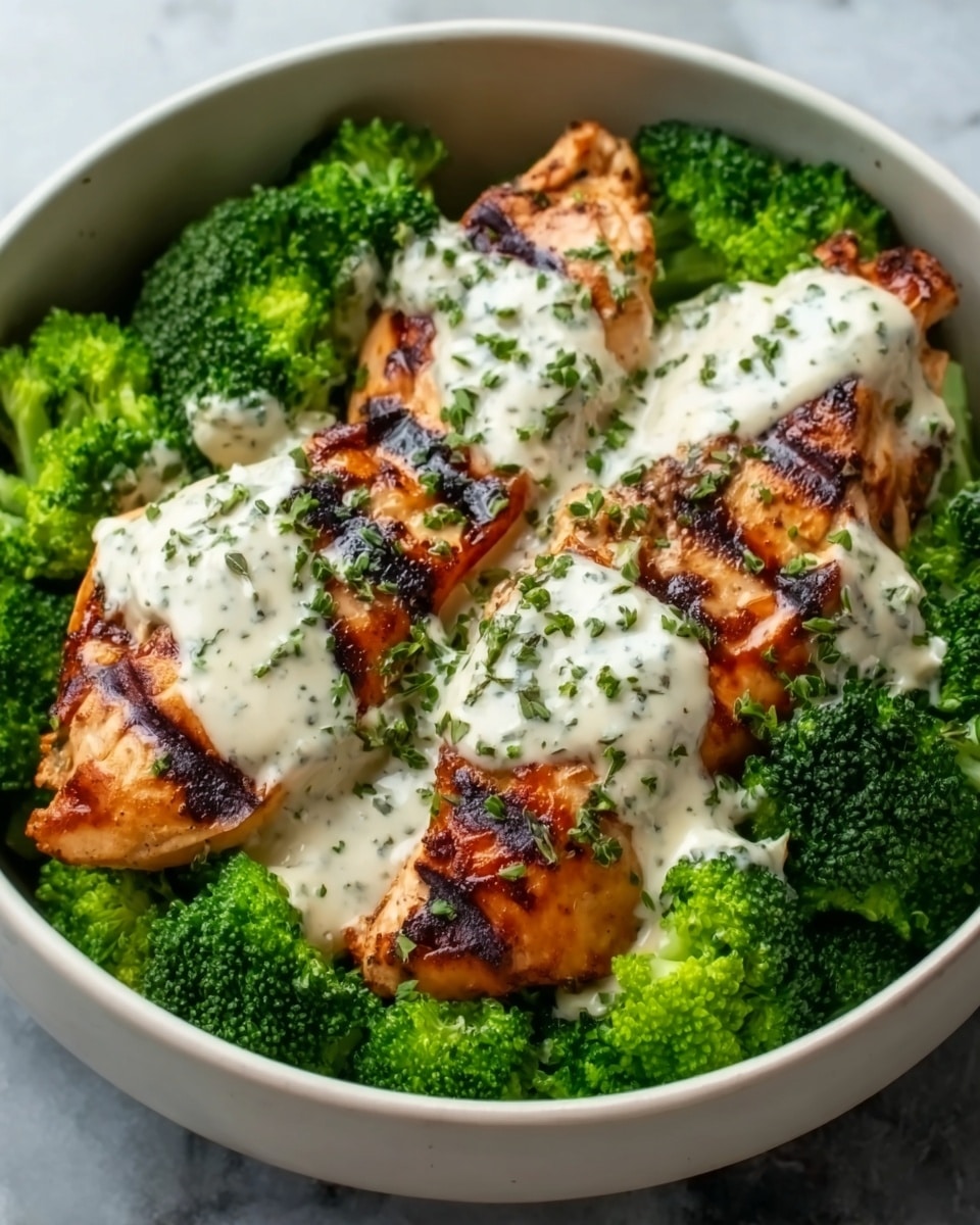 The dish features a white bowl filled with vibrant green broccoli florets forming the base layer, topped with two grilled chicken breasts that have clear char marks and a golden-brown color. A creamy, light beige sauce is drizzled generously over the chicken and broccoli, slightly pooling in some areas, and finely chopped green herbs are sprinkled over the top for a fresh touch. The textures range from the crisp broccoli to the smooth sauce and tender grilled chicken. Photo taken with an iphone --ar 4:5 --v 7