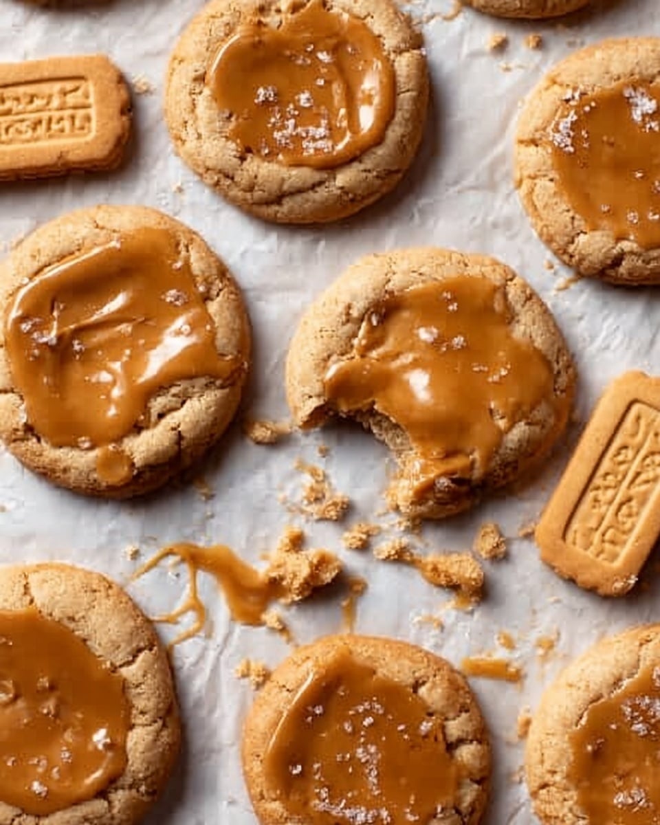 The image shows a group of soft cookies spread on parchment paper over a white marbled surface. Each cookie has a round shape with a slightly cracked surface, featuring a smooth, shiny layer of caramel or butterscotch melted on top. The caramel layer varies in thickness and is mostly in the center of each cookie, with some caramel drips blending into the cookie edges. One cookie is partially eaten, showing its soft, chewy inside with crumbs scattered around it. Two rectangular biscuits with a lighter brown color and embossed details are positioned on the right side of the image, adding contrast to the round cookies. The overall scene looks warm and cozy, focusing on the textures and warmth of the cookies and caramel. photo taken with an iphone --ar 4:5 --v 7