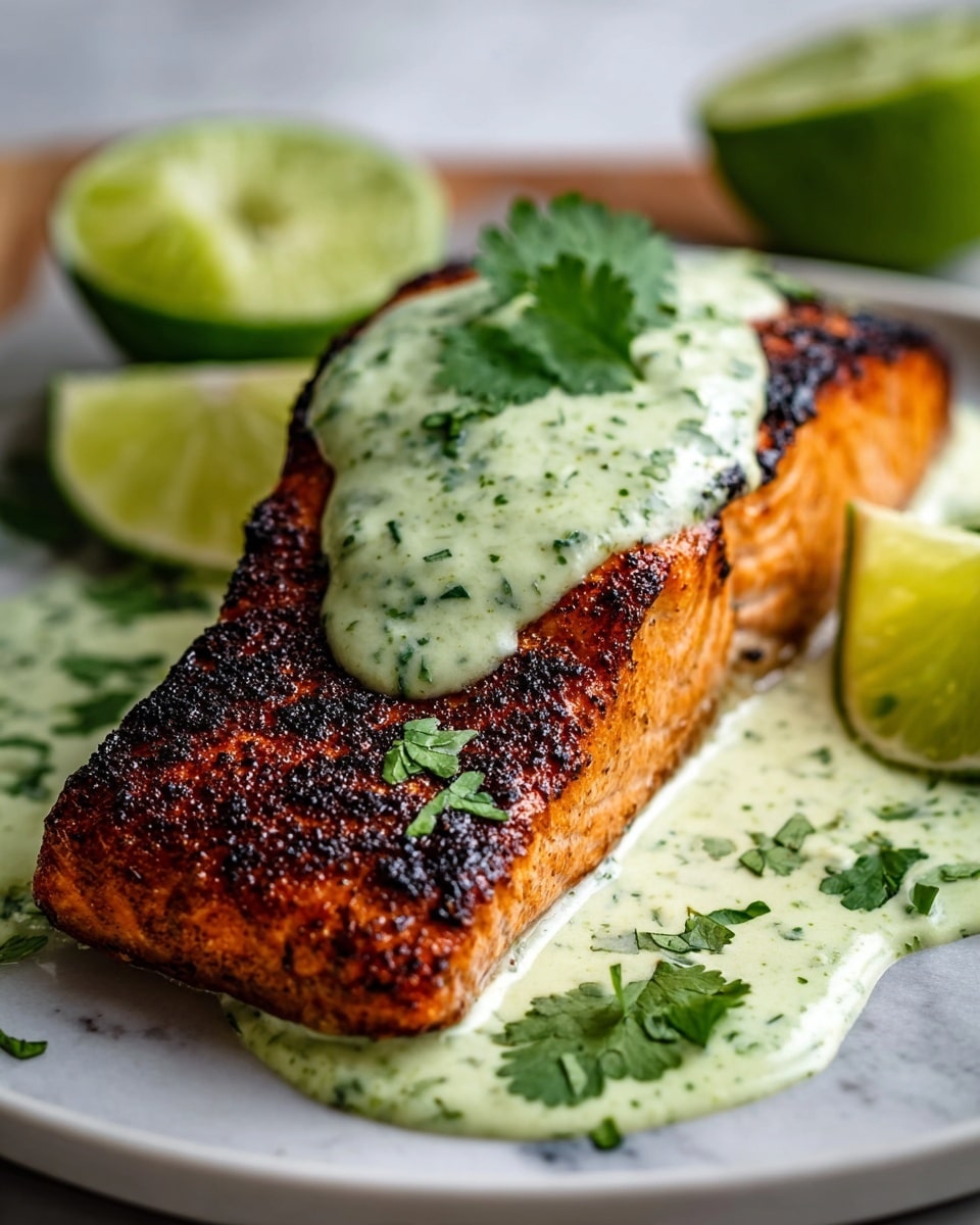A thick, grilled salmon fillet with a dark, crispy, seasoned crust on top and light pink cooked flesh below. The salmon rests on a smooth, bright green sauce spread beneath it, with an extra dollop of the same sauce on top, garnished with fresh cilantro leaves. Several lime halves with shiny, juicy interiors are placed around the fish on a white marbled surface. Photo taken with an iphone --ar 4:5 --v 7