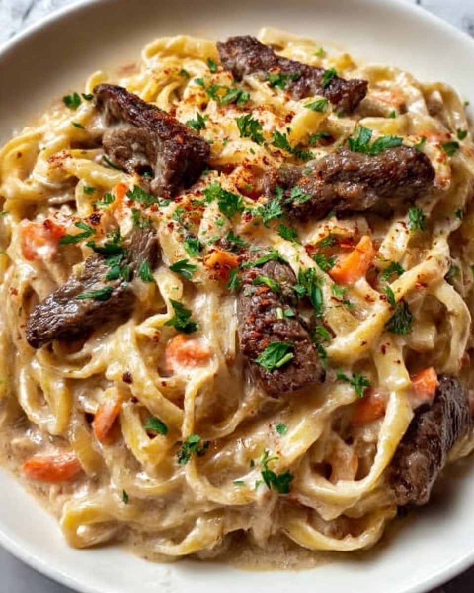 A close-up view of creamy pasta with thick fettuccine noodles coated evenly in a rich, light beige sauce. On top, there are several pieces of cooked beef strips that are dark brown with a slightly crispy texture. Small bits of orange carrot slices and fresh green parsley are scattered across the dish, adding bright color contrast. The pasta is served on a white plate placed on a white marbled surface. photo taken with an iphone --ar 4:5 --v 7
