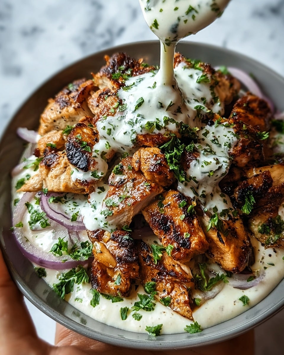 The dish shows several layers starting with a white creamy sauce spread on the base. On top, thin slices of light purple onions are scattered, adding a fresh look. The main layer is a generous pile of juicy, grilled chicken pieces with a dark golden brown sear and slight charring for texture. Bright green chopped herbs are sprinkled over the chicken for color and freshness. A white sauce with green herb flakes is being poured over the top, flowing down the chicken pieces. All is served in a white bowl held by a woman's hand against a white marbled texture background. photo taken with an iphone --ar 4:5 --v 7