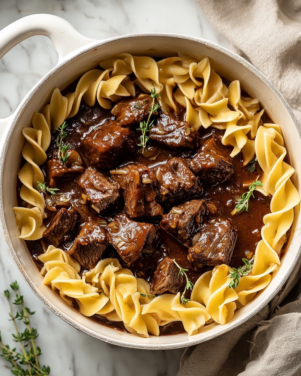 A white round pot filled with two main layers: a base layer of wide, twisted pale yellow egg noodles arranged loosely and partially submerged, topped with a thick, dark brown beef stew containing large, glossy chunks of beef scattered evenly. Some pieces of beef have small bits of light brown onion visible. Small green sprigs of fresh thyme are scattered on top, adding a touch of color. The pot is set on a white marbled surface, with a light beige cloth partially visible on the side. Photo taken with an iphone --ar 4:5 --v 7