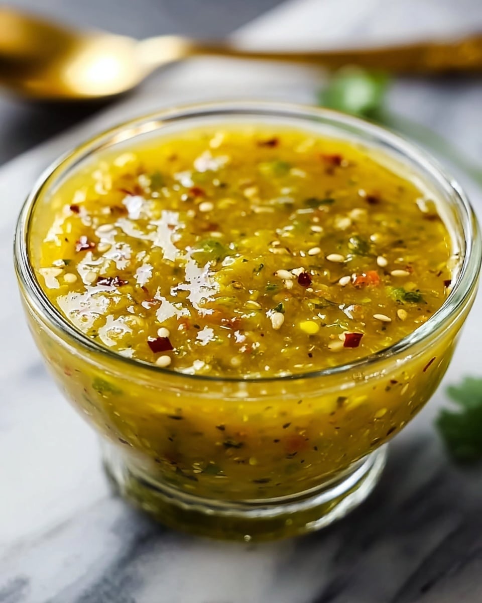 A clear glass bowl filled with a thick, yellow-green sauce that has small visible seeds and bits of herbs throughout, giving it a slightly chunky texture. Tiny red chili flakes are scattered inside the sauce, adding specks of color. The bowl sits on a white marbled surface, and a gold spoon lies in the background, slightly blurred. The sauce looks glossy and fresh with highlights reflecting the light. Photo taken with an iphone --ar 4:5 --v 7