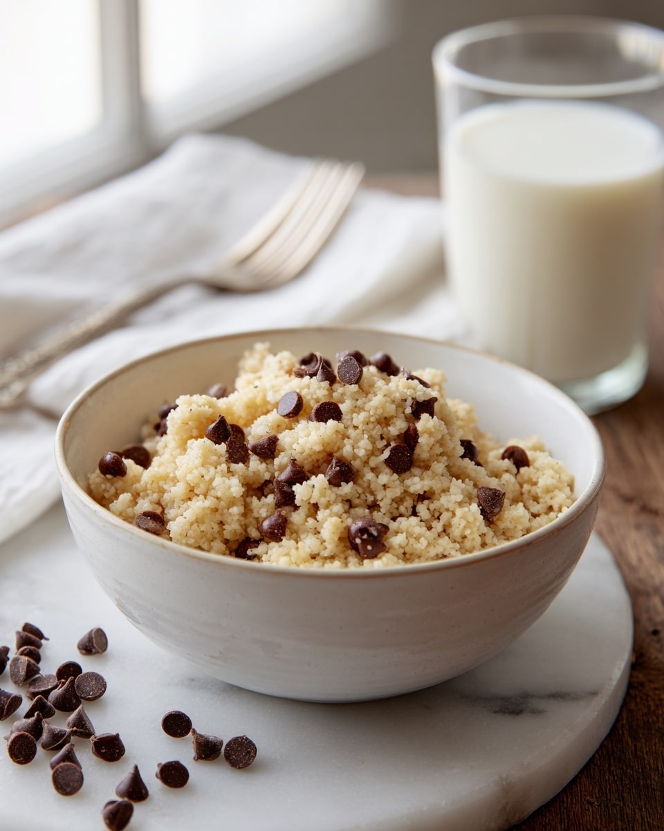 A white bowl is full of creamy, light beige couscous mixed with small, soft grains, topped with scattered dark brown chocolate chips, which also lay around the bowl on a white marbled surface. In the background, a fork rests on a white cloth napkin, and a clear glass filled with white milk is placed to the right of the bowl, all softly lit by natural light from a nearby window. The overall scene has a warm and cozy feeling with smooth textures contrasting the little crunchy chocolate chips. photo taken with an iphone --ar 4:5 --v 7