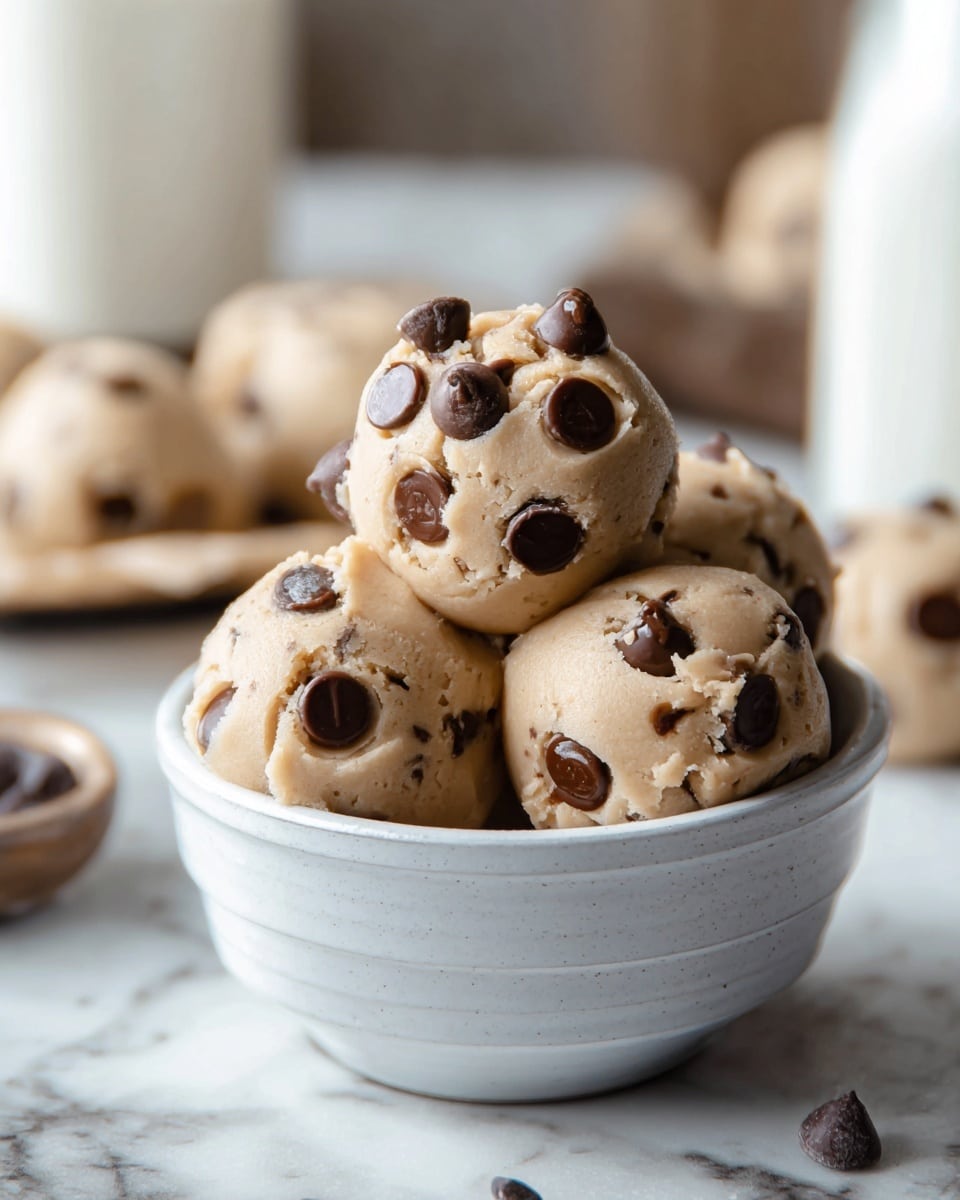 A white small round bowl filled with four large raw cookie dough balls that are creamy beige in color with many dark brown chocolate chips embedded on their surface, slightly soft and textured, with some dough dripping a little on the bowl edges, placed on a white marbled surface with blurred white cups and scattered chocolate chips in the background, photo taken with an iphone --ar 4:5 --v 7