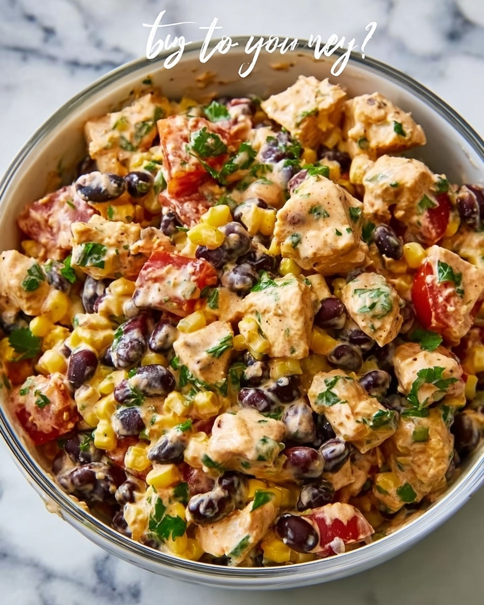 The image shows a close-up of a white bowl filled with a colorful salad made of layers. The bottom layer is a mix of yellow corn, black beans, and red kidney beans, creating a vibrant base with yellow, black, and dark red colors. Above this, chunks of white chicken are scattered evenly, adding texture with a light, cooked look. Small pieces of red tomatoes and green chopped herbs are mixed throughout, giving the salad fresh pops of red and green. The whole dish is covered with a creamy tan dressing with herbs, which adds a smooth texture on top of the other ingredients. The bowl is placed on a white marbled surface. photo taken with an iphone --ar 4:5 --v 7