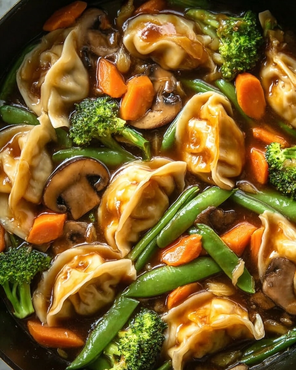 A close-up view of a pan filled with cooked dumplings surrounded by bright green broccoli florets, vibrant orange baby carrots, green beans, and sliced brown mushrooms. The dumplings have a golden-brown, slightly crispy top layer with a soft, pleated texture on the edges. Everything is coated in a shiny, thick brown sauce that gives a glossy look to the vegetables and dumplings. The background has a white marbled texture, and the image has warm, natural lighting. photo taken with an iphone --ar 4:5 --v 7