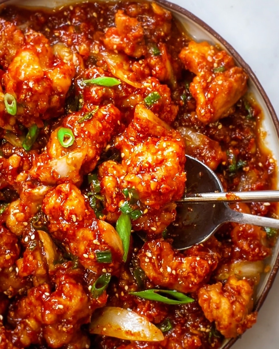 The image shows a close-up of a spicy dish with many pieces of tender chicken coated in a thick, shiny red sauce. The chicken chunks are mixed with soft, cooked onion pieces that are slightly translucent and also covered in sauce. Small green onion slices are scattered on top, adding a fresh green color contrast. The sauce has a rich texture with visible sesame seeds and oil, making the dish look flavorful and sticky. A silver spoon and a pair of chopsticks hold some food on the right side of the image. The dish is placed on a white marbled surface. photo taken with an iphone --ar 4:5 --v 7