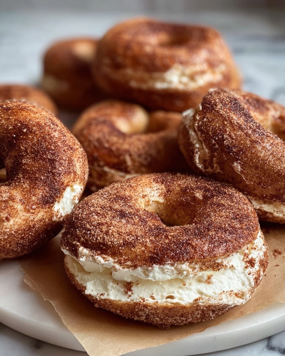 A close view of several bagels arranged on a white plate with a piece of parchment paper underneath, each bagel coated evenly with a brown cinnamon and sugar mix, showing a rough, grainy texture. The front bagel is sliced horizontally and filled with a thick layer of creamy white cream cheese that slightly overflows the edges, contrasting with the darker seasoned outer crust. The background features more bagels stacked closely together, all with the same cinnamon-sugar coating and soft, fluffy interior visible at some cracks. The whole setup is on a white marbled surface, capturing a warm, soft natural light. photo taken with an iphone --ar 4:5 --v 7