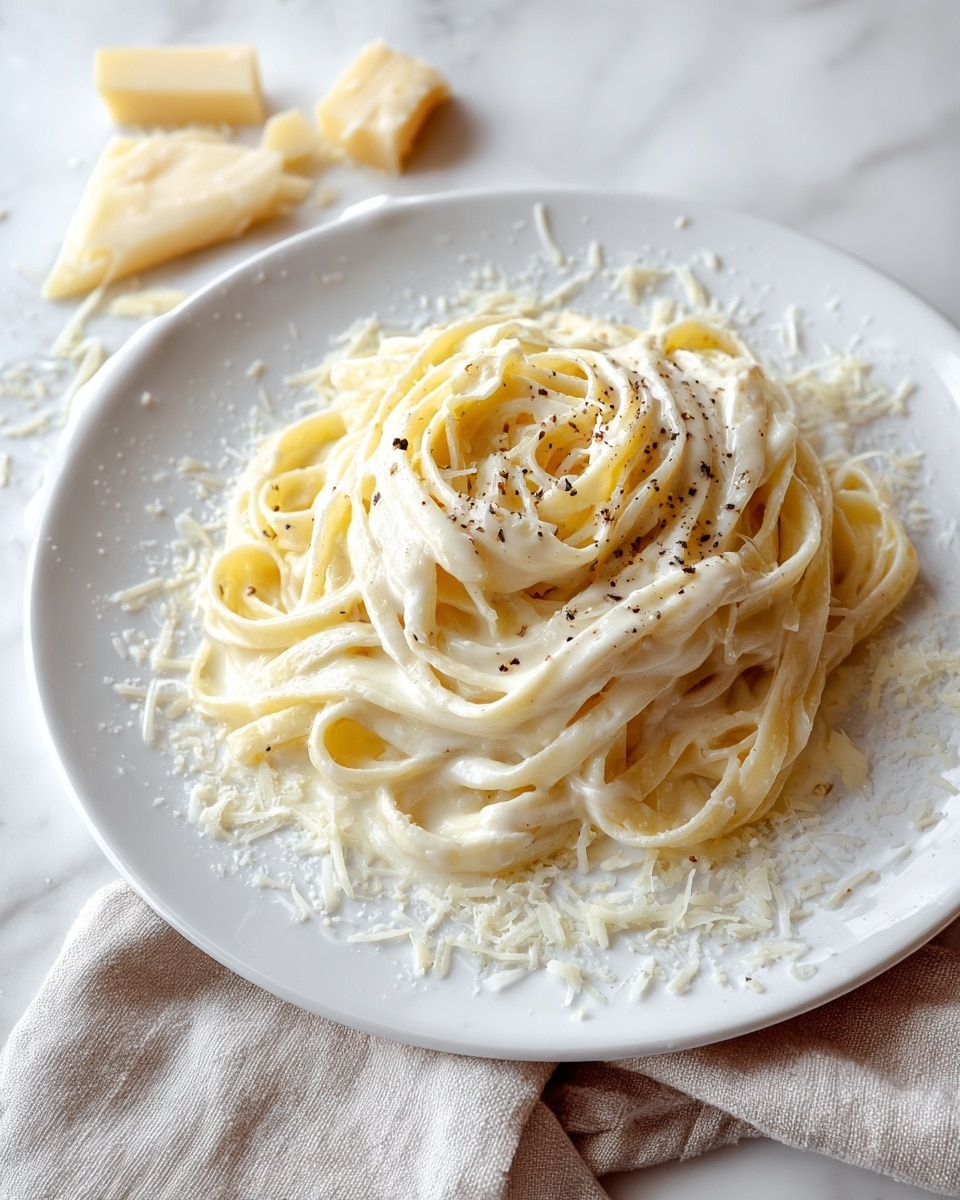 A white plate holds a serving of creamy fettuccine pasta, layered with smooth, thick white sauce that coats each noodle. The pasta is twisted into loose, soft loops stacked in the center of the plate. On top, there are small specks of black pepper scattered evenly, adding contrast to the pale noodles and sauce. Around the edges of the plate, some finely shredded white cheese is sprinkled lightly. The plate sits on a white marbled surface, accompanied by a light beige cloth slightly under the plate and some broken pieces of hard white cheese beside it. Photo taken with an iphone --ar 4:5 --v 7
