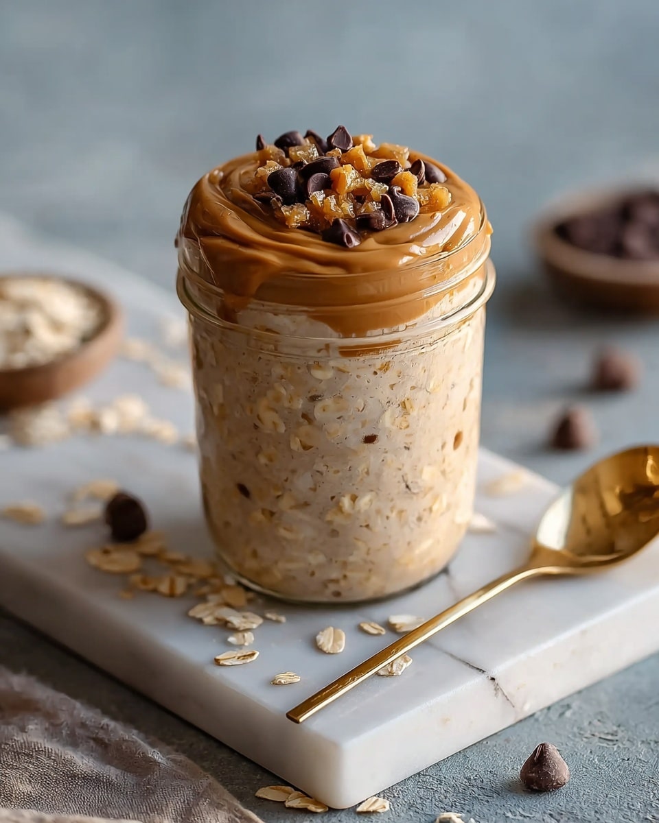 The image shows a clear glass jar filled with two main layers. The bottom layer is creamy oatmeal with a light beige color and a soft, dense texture, filling most of the jar. On top is a smooth, thick peanut butter layer in a rich light brown color, spread evenly across the surface. The peanut butter layer is decorated with small clumps of oats, dark brown chocolate chips, and tiny golden crunchy pieces scattered on top. The jar sits on a white marbled rectangular board with a shiny gold spoon placed beside it. Some chocolate chips and oats are spread around the board, and the background is a soft focus with neutral tones. Photo taken with an iphone --ar 4:5 --v 7