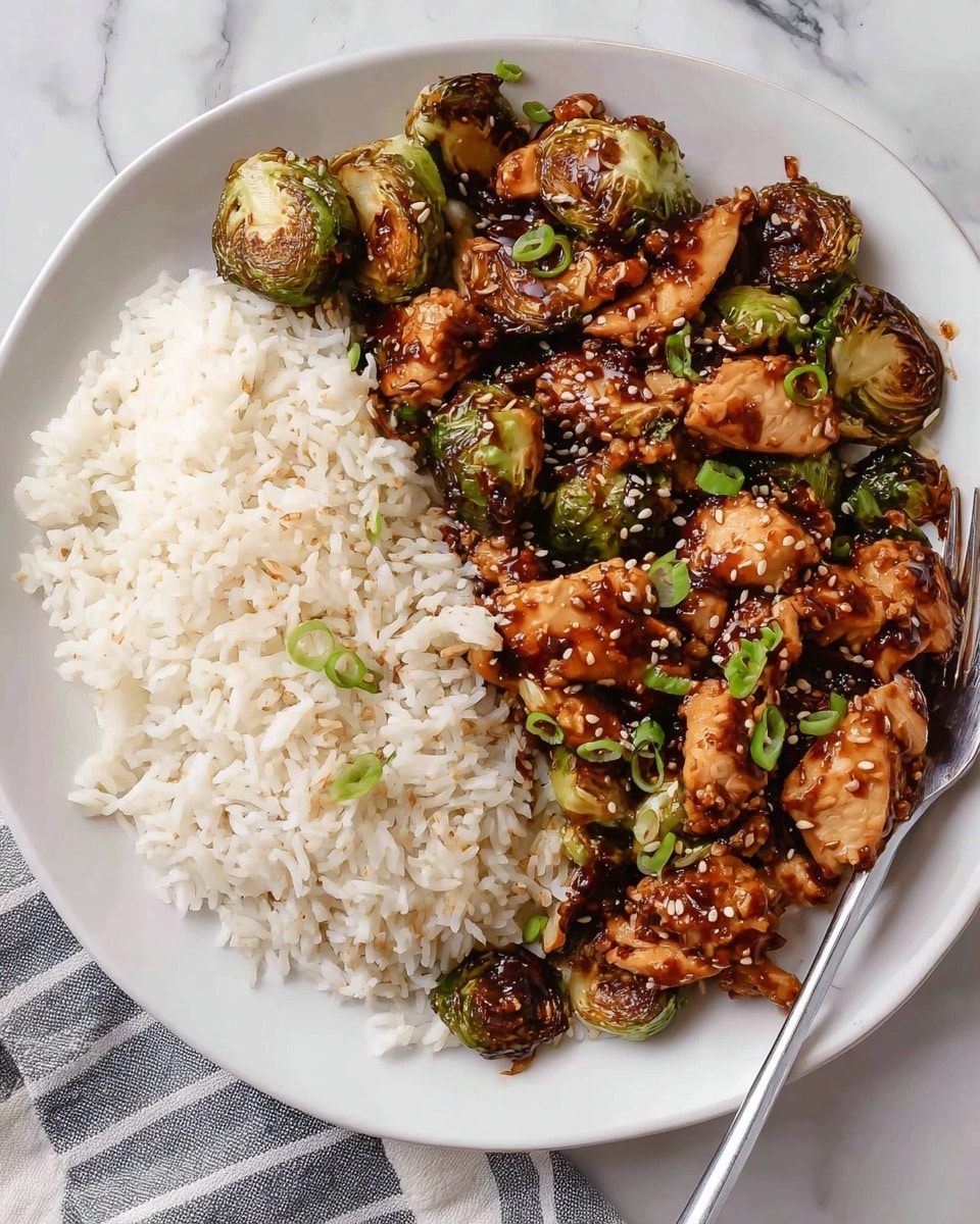 A white plate holds two main sections: on the left, there are browned chicken pieces mixed with roasted Brussels sprouts, all coated in a shiny dark sauce and sprinkled with small green onion slices and sesame seeds; on the right, there is a mound of plain white rice with a fluffy texture. A silver fork is resting in the rice on the right side, and the plate is placed on a white marbled surface with a grey and white striped cloth partially visible underneath. photo taken with an iphone --ar 4:5 --v 7