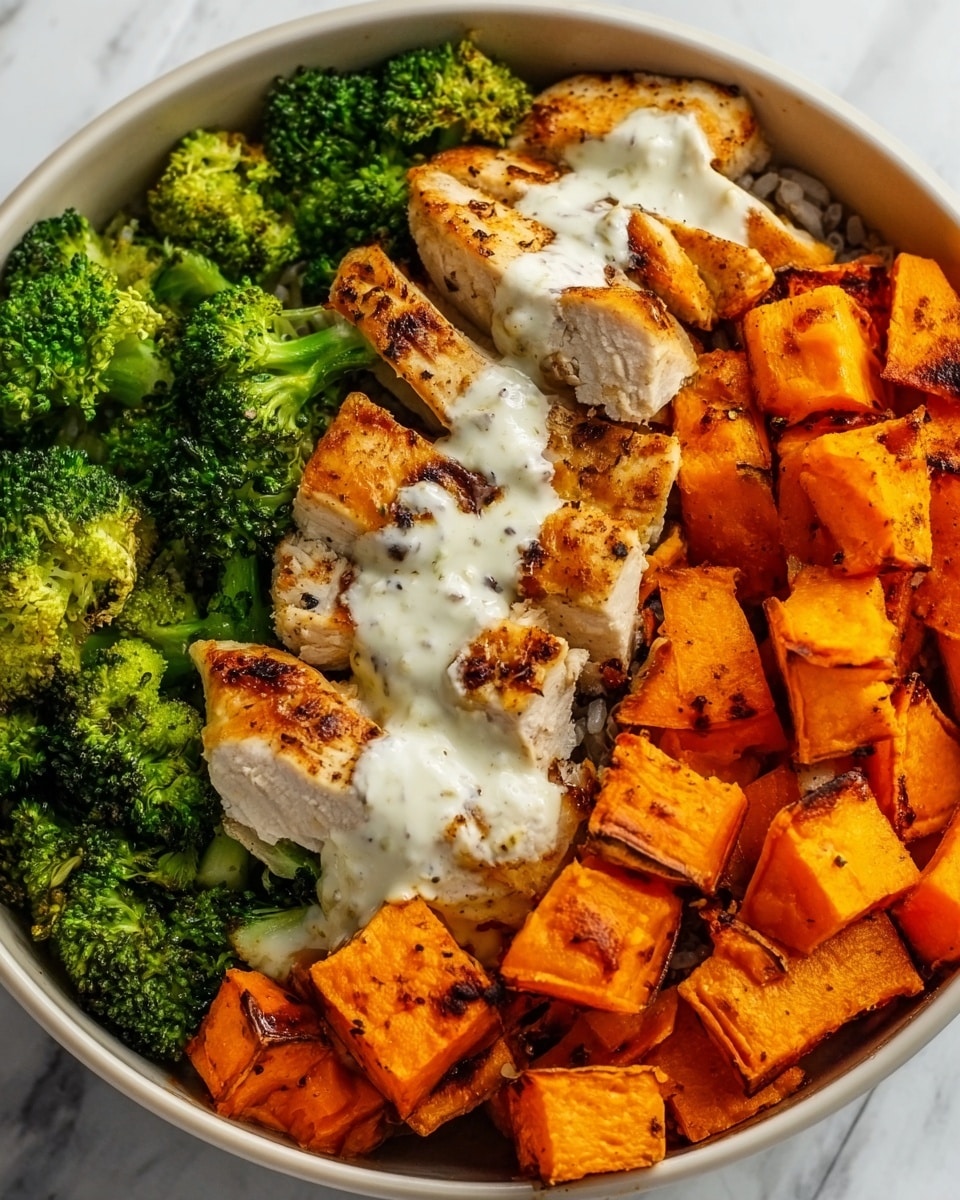 The image shows a white bowl filled with three main layers: vibrant green roasted broccoli pieces on the top left, bright orange roasted sweet potato cubes on the top right, and grilled chicken strips in the center with a light brown charred texture. The chicken is topped with a dollop of creamy white sauce that spreads slightly over the strips, adding a smooth contrast. The ingredients sit evenly distributed, giving the bowl a fresh, colorful look. The background is a white marbled texture. Photo taken with an iphone --ar 4:5 --v 7